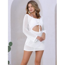 Allegra K Women's Swimsuit Cover Ups Long Sleeve Hollow Out Summer Beach Swimwear Crochet Mini Dress Large White