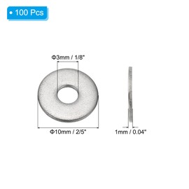 PATIKIL 304 Stainless Steel Flat Washer, 100 Pack 1/8" ID x 2/5" OD x 0.04" Thickness Metal Fender Washers Small Washers for Screws Bolts Assortment