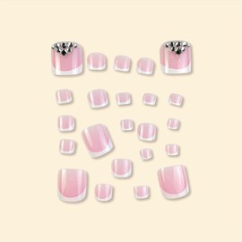 Press on Toenails Pink Fake Toe Nails French Tip False Toenails with Designs Rhinestones Glue on Toe Nails Glossy Full Cover Acrylic Artificial Stick on Toenails for Women Toe Nails Decoration 24 Pcs