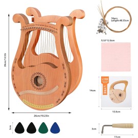 Lyre Harp, 16 Strings Mahogany Wood Lyre Harp with Extra Strings, Picks, Tuning Lever, Black Gig Bag, Beginner's Manual for Lyre