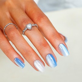 Short Square Blue Cat Eye Press on Nails for DIY Manicure Glossy White Cat Eye Acrylic False Nails Gradient Ombre Fake Nails Gel Glue on Nails Stick on Nails for Women Girls Ocean Design 30Pcs