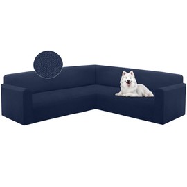 HDCAXKJ Sectional Couch Cover L Shape Stretch Sofa Covers Washable Jacquard Corner Couch Slipcover Non Slip Sectional Slip Cover U Shaped Furniture Protector for Pets Dogs (Navy Blue, X-Large)