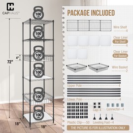 CAPHAUS NSF Adjustable 6 Tier Wire Shelving Unit w/Basket & Liner, Metal Storage Rack Corner Shelves, Storage Rack for Kitchen, Bathroom, Laundry Closet, Metal Wire Shelving w/Basket Shelves Black
