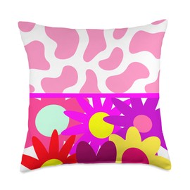 Animal Pattern Colorful Floral Botanical Plant Cute Indie Aesthetic Pink Cow Print Purple Daisy Flower Boho Throw Pillow, 18x18, Multicolor