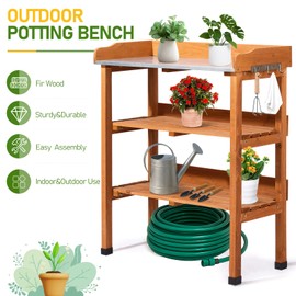 Outdoor Potting Bench Table with Metal Tabletop – Wooden Garden Workstation with Shelves & Hooks, Natural Fir Wood for Planting, Seeding, Organizing