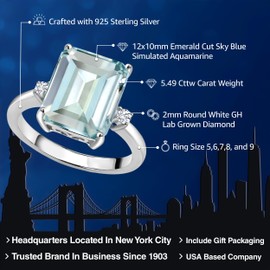 925 Sterling Silver Gemstone Birthstone & White Lab Grown Diamond 3-Stone Engagement Ring | Emerald Cut 12X10MM Center with Round 2MM Accents | Wedding Anniversary Promise Ring For Women, Sterling