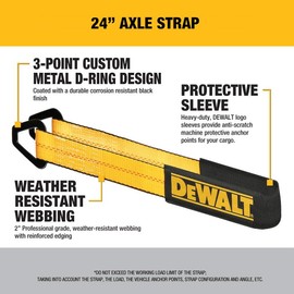 DEWALT DXBC80004 Black/Yellow 2" x 24" Premium Axle Tie Down Strap (10,000 lb Break Strength) - Heavy Duty for Truck, Trailer, ATV, UTV, Support Hoists