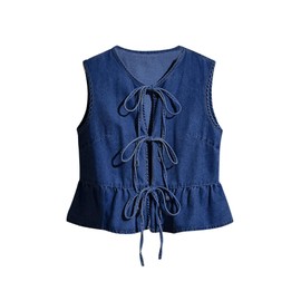 SHENHE Women's Y2k Tie Front Denim Vest V Neck Ruffle Hem Sleeveless Peplum Jean Top Shirt Dark Wash Blue Small