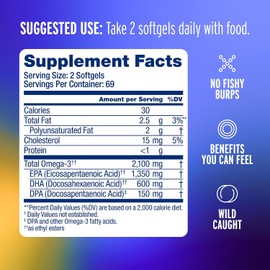 Ocean Blue Omega 3 2100-138 ct - Bonus Bottle 15% More Free - 2100 MGS of DHA EPA DPA per serv - Heart Eye Brain Support - No Fishy Aftertaste - 88% Fish Oil Concentration - Natural Orange Flavor