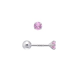 3MM Tiny Cubic Zirconia Studs Screw Backs Sterling Silver Earrings for Women, Hot Pink