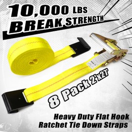 8 Pack Flat Hook Ratchet Straps, 2" x 27' Heavy Duty Tie Down Ratcheting Strap, 10,000 Lbs Max Break Strength, Cargo Straps for Flatbed, Truck, Trailers Pickup