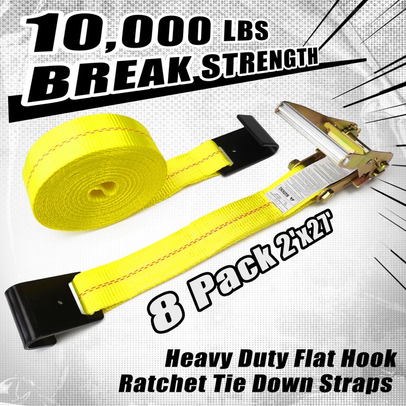 8 Pack Flat Hook Ratchet Straps, 2" x 27' Heavy