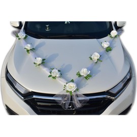 Chexin Premium Car Decoration Wedding Bonnet Bride Couple, White Rose Decoration, Car Jewellery Wedding with Suction Cups and Gauze, Car Car Wedding Decoration, Rose Garland, Car Decoration