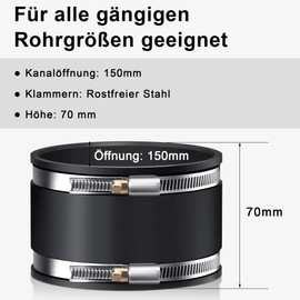 150 mm Pipe Connector Rubber Sleeve Diameter 150 mm Flexible Rubber Coupling with Two Stainless Steel Clamps Noise Reducing Cuff for Pipe Fan, Carbon Filter, Rigid Pipe, Steel Pipe