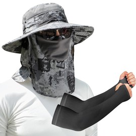 FEAWIAI Kit 2 Pzs Sombrero para el Sol para Hombre,Gorro Pescador Mujer y Mangas para Brazos,UPF 50+, Transpirable, Impermeable, Sombrero de Pesca Plegable de Hombre para Pesca/Senderismo