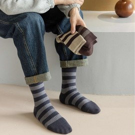 Men's Striped Cashmere Autumn/Winter Socks - Versatile Casual Fashion with Soft Feel (Brown, Free Size) Size/Coffee 3ea