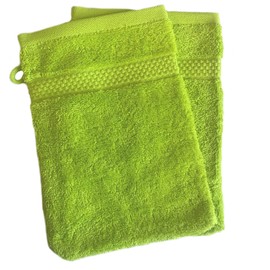 Sue Rossi Face Cloth Wash Mitt Set, 100% Organic Turkish Combed Cotton, 600GSM Thick With Hanging Loop, Size 16cm x 21cm, Flannel Glove Pack Soft & Absorbent (Lime Green, 2)