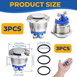 19 mm Momentary Button 12 V 5 A AC/DC 220 V Flat Head Push Button IP65 Waterproof - Pack of 3 Screw Terminals Bell Push Button Normally Closed Stainless Steel Push Button for Cars Ignition Systems