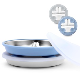 Bakpoco Stainless Steel Toddler Suction Plate with Lid, Deeper 9" Divided Plates with Removable Silicone Sleeves for Kids, Non Toxic & BPA Free | Unbreakable Baby Snack Dishes Set of 2, Blue & Gray