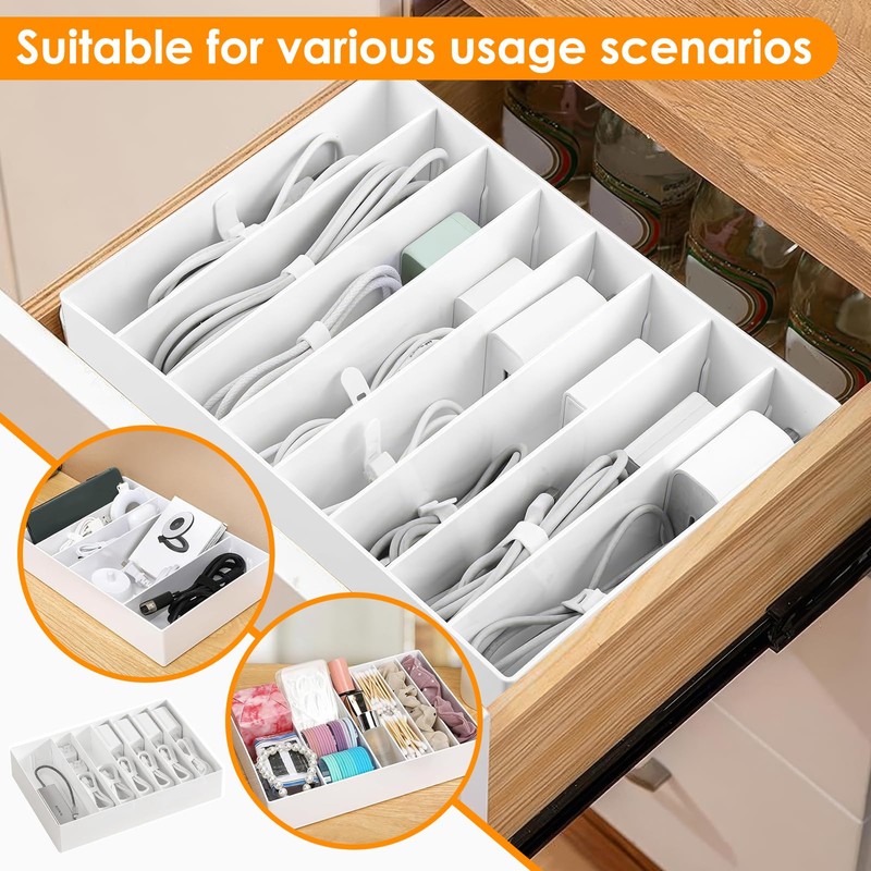 PZJFH Cable Storage Box, White Cable Organiser, Adjustable Dividers, Cable