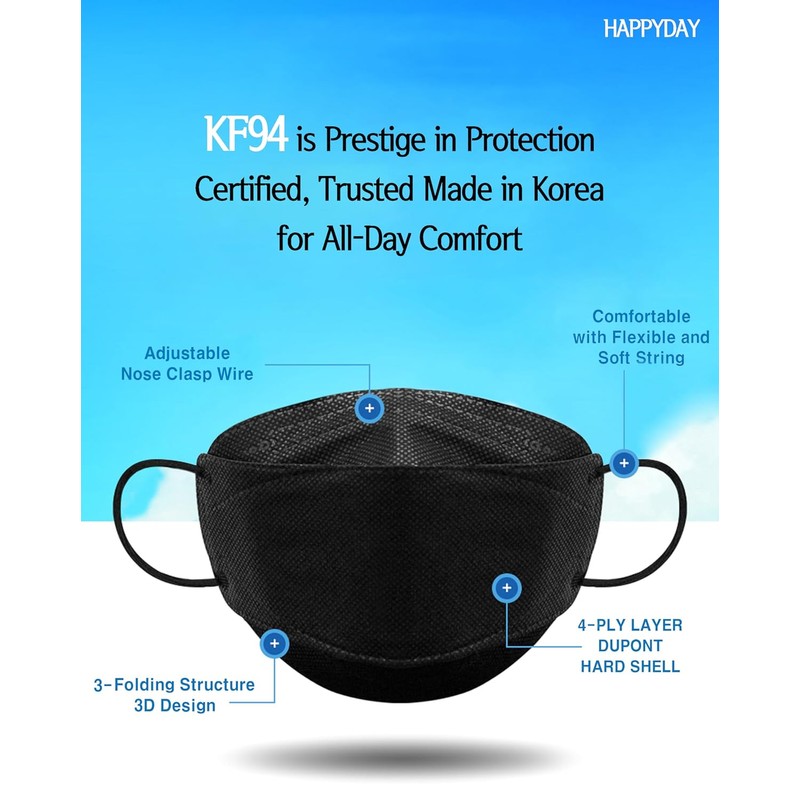 HAPPYDAY Premium KF94 Black Face Mask – Individually Packaged, Made
