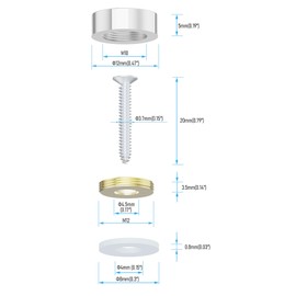 FOCMKEAS 8 PCS 12mm(0.47") Mirror Screws, Brass Decorative Caps Cover Fasteners, Metal Mirror Nails, Polished Flat Silver Lid (Brushed Effect)