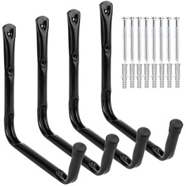 Yisunnan Heavy Duty Giant Garage Storage Hook Wall Mounted Utility Hanging Rack for Surfboard,Ladder,Kayak (4 Pcs Black 10" J Hook)