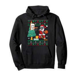 Basketball Christmas Jumper Dunking Santa Ugly Sweater Pullover Hoodie, black