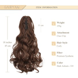 Gairyan Ponytail Extensions, 45 cm, Claw on Ponytail Hairpiece, Clip in Extensions, Braid, Curly Wavy Long Hairpiece, Braid, Synthetic Hair, Hair Extension for Women (Dark Auburn)