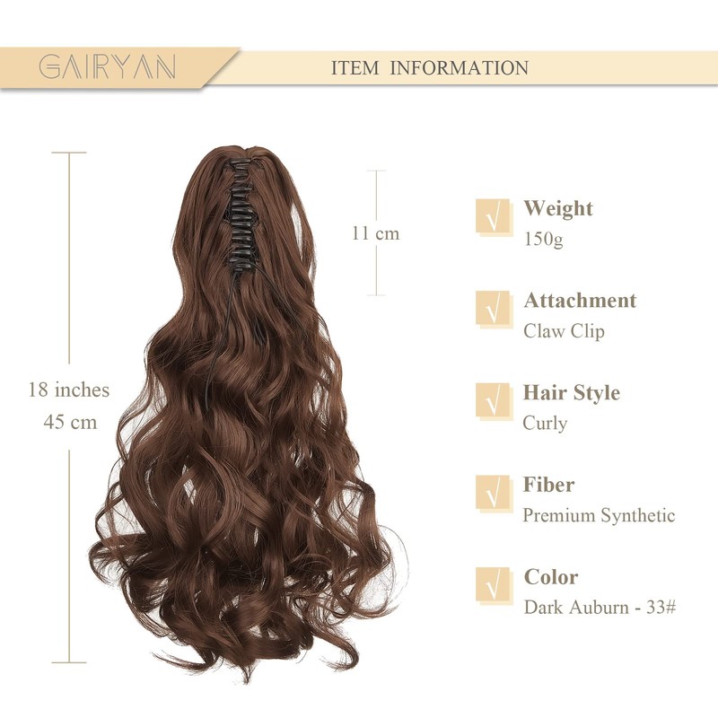 Gairyan Ponytail Extensions, 45 cm, Claw on Ponytail Hairpiece, Clip