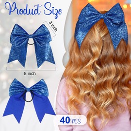 Yunsailing 40 Pcs 8 Inch Large Glitter Cheer Hair Bows Bulk, Shiny Cheerleading Bows Ponytail Holder for Cheerleader Girls Softball Sports and Christmas Tree Decor(Blue)