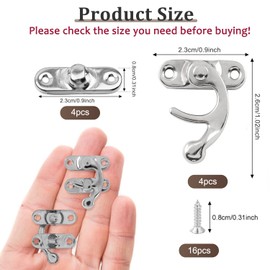 Misuyue 4pcs Mini Swing Arm Clasp Latch Vintage Silver Right Latch Hook Hasp, 26 x 23mm Lock Clasp for DIY Suitcase Toolbox Wooden Case Jewelry Box