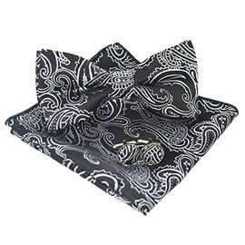 Jemygins Paisley Bow Tie, Men’s Pocket Handkerchief and Cufflinks Set - Black & white, size: m