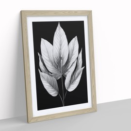 A Monochrome Leaves No.1 Framed Print for Living Room Bedroom Home Office Décor, Wall Art Picture Ready to Hang, Oak A4 Frame (34 x 25 cm)