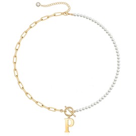 Dainty Initial Pearl Necklace for Women, 14K Gold Plated Paperclip Link Chain Necklace Toggle Clasp Necklace Initial Necklaces Gold Jewelry for Women Letter P