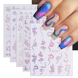 5 Sheets Aurora Silver Snake Nail Art Stickers 3D Self-Adhesive Laser Snake Nail Decals Stars Sun Moon Line Holographic Designs Nail Stickers Acrylic Nail for Women Girls DIY Manicure Supplies