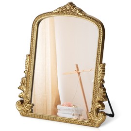 Vintage Makeup Mirror, Vanity Desk Mirror Antique Traditional Tabletop Mirror, Standing, Hang or Wall Mounted, Adjustable Dress-up Mirror, Gold Decor Mirror for Living Room,Bedroom (gold, 12*9.8 in)