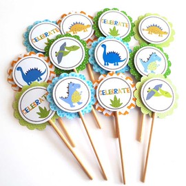 Dinosaur Cupcake Toppers - Dino Children Boy Girl Birthday Baby Shower Party Supplies - Set of 12