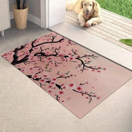 Kibue Cherry Blossom Pattern Indoor Door Mat, Welcome Entry Pink Floral Doormat for Interior Porch, Front Door, Kitchen, 17"×29.5", with Non Slip Backing, Door Mats Gifts for Apartment, Home Decor