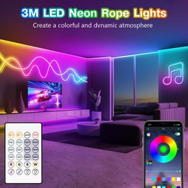 Neon LED Strip 3 m, RGB Flexible Neon LED Strip with App Control and Remote Control, IP65 Neon LED Strip Music Sync, for Indoor and Outdoor DIY Bedroom, Living Room, Decoration