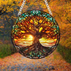 DRWSSR Tree of Life Stained Glass Suncatcher Nature Round Big Trees and Sunset Suncatcher Hanging Decoration with Metal Chain-SunCatchers for Window Decor Outdoor Garden Decor Gift,1PC