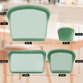 KVK 4 Pack Reusable Snack Bags, Dark Green Flat Model Multi-Use Reusable Snack Bags Transparent Food Container, Premium Silicone Bags for Food Storage Freezer Microwave Oven Dishwasher Safe