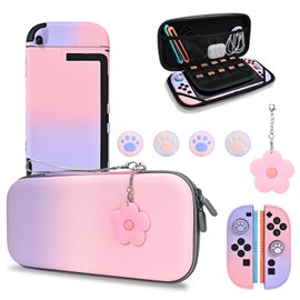 DLseego Switch2 ケース バッグセット スイッチ2 カバー スイッチ第2世代 ケース Switch2 収納バッグ（収納バッグ*1+PCカバー*1+猫爪親指キャップ*4+花ストラップ*1）ゲームカード収納 防塵 防水 耐衝撃 持ち運び便利 旅行用 ピンク＋パープル