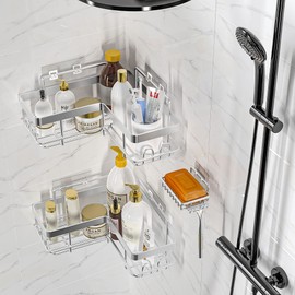 Moforoco Corner Shower Caddy, 3 Pack Shower Organizer Shelf with Soap Holder and 12 Hooks, Adhesive Shower Shelves Rustproof for Bathroom, Shower Storage Basket Bathroom Shower Accessories(Silver)