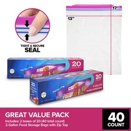 40 Count 2 Gallon Freezer Bags, Double Zipper Plastic Storage Bags for Freezing Food, Extra Large Freezer Bags 2 Gallon Bulk Pack with Easy Dispensing Box, Resealable Clear Two Gallon Storage Bags