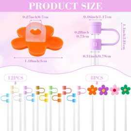 OIIKI 12Pcs Silicone Straw Cover for Cup & 8Pcs PVC Straw Decorative Accessories for Tumblers, 6-7.3 mm Straw Tips Cover for Tumbler Cup Cute Decoration