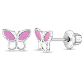 925 Sterling Silver Pink Enamel Butterfly Screw Back Earrings for Little Girls - Lovely Butterfly Screw Backs for Infants to Toddlers - Small Fashionable Butterflies Stud for Pretty Young Girls