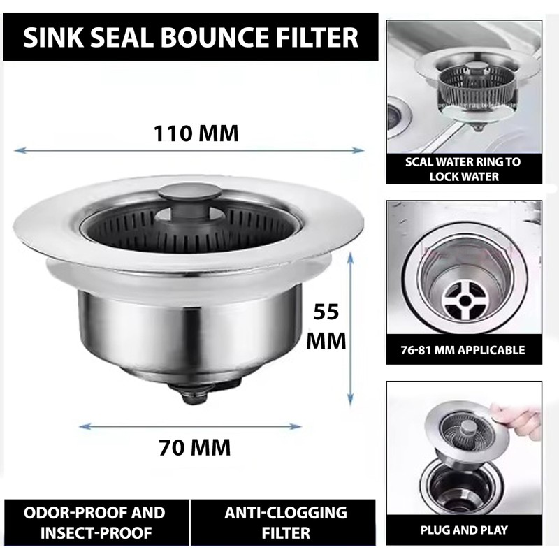 3-in-1 Pop-Up Sink Drain Strainer – Stainless Steel Bounce Filter
