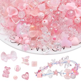Beads Mix Acrylic Beads Hollow Beads 130 Pieces Deco Beads Parts Handmade Material Beginner Necklace Hair Ornament Phone Strap Hair Elastic Handmade Material For Decorative Ball Art (Pink)