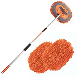 GreatCool 62" Car Wash Brush Mop Kit with Long Handle, 2 in 1 Chenille Microfiber Sponge Mitt Cleaning Detailing Duster for Washing Cars Truck SUV RV Caravans and Household(2 x Mop Head) (Orange)